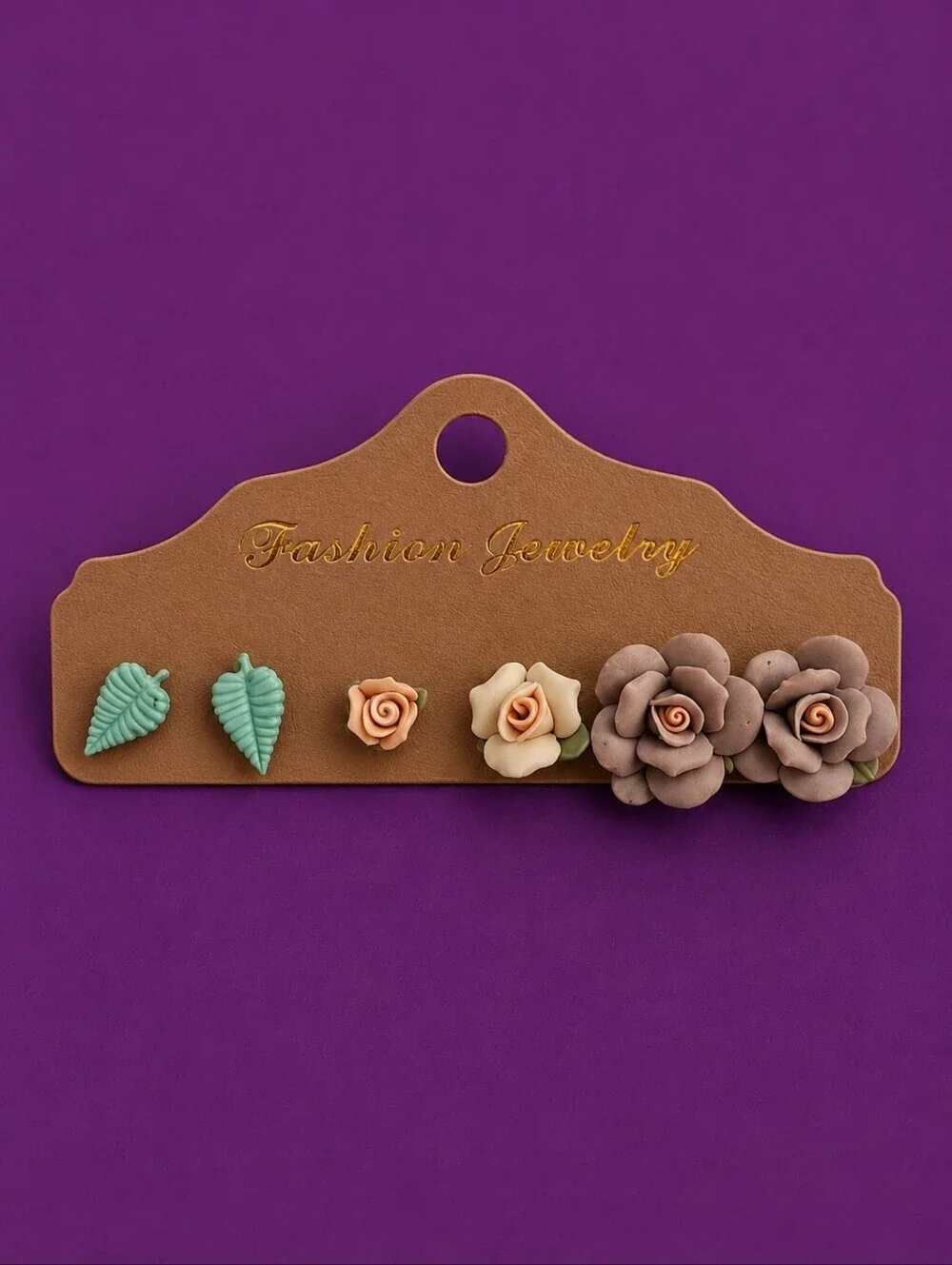 Vintage 1980s Polymer Clay Flower and Metal Leaves Post Earrings